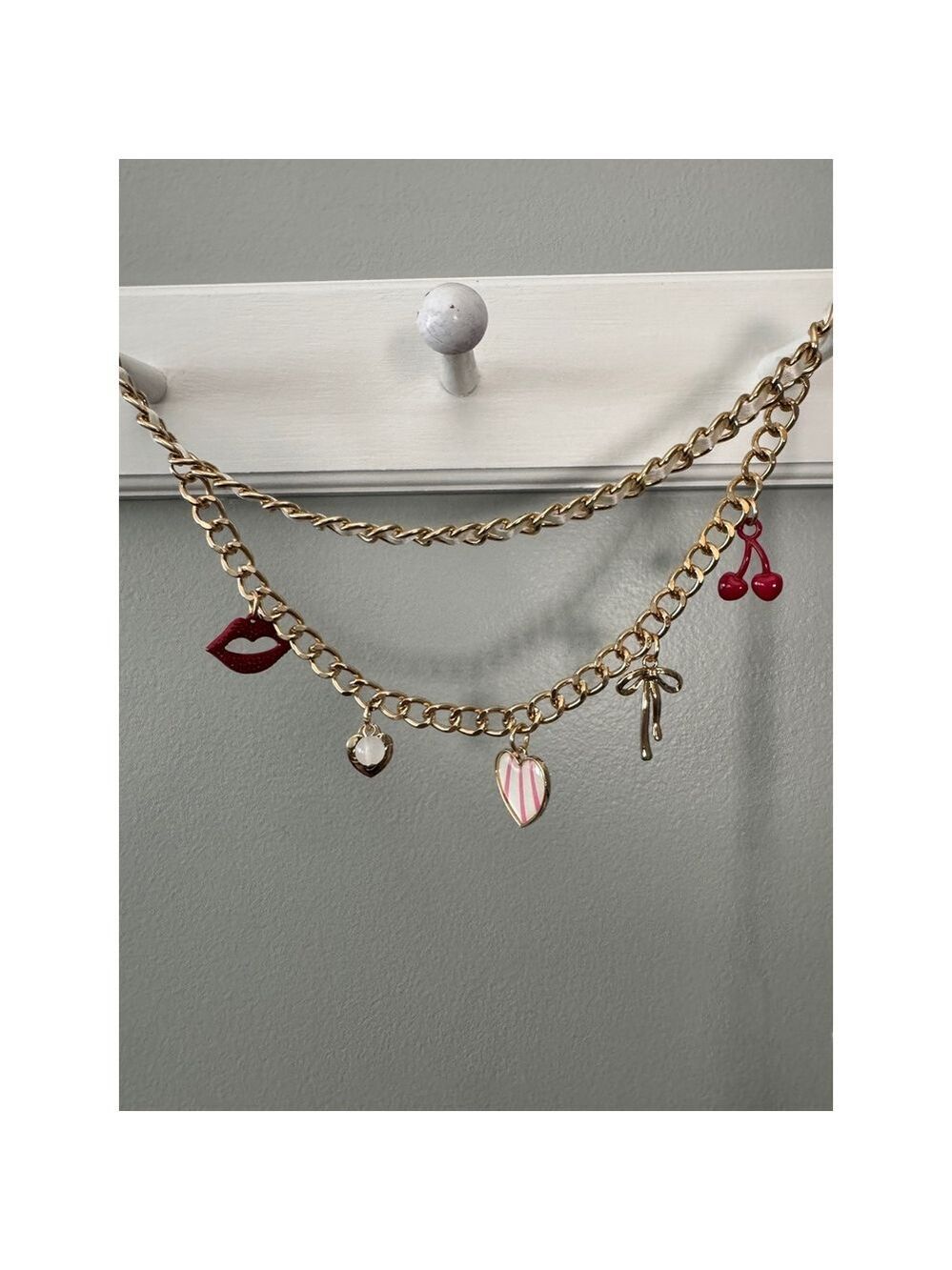 Betsey Johnson Gold Tone Charm Chain Belt with Red & Pink Accents